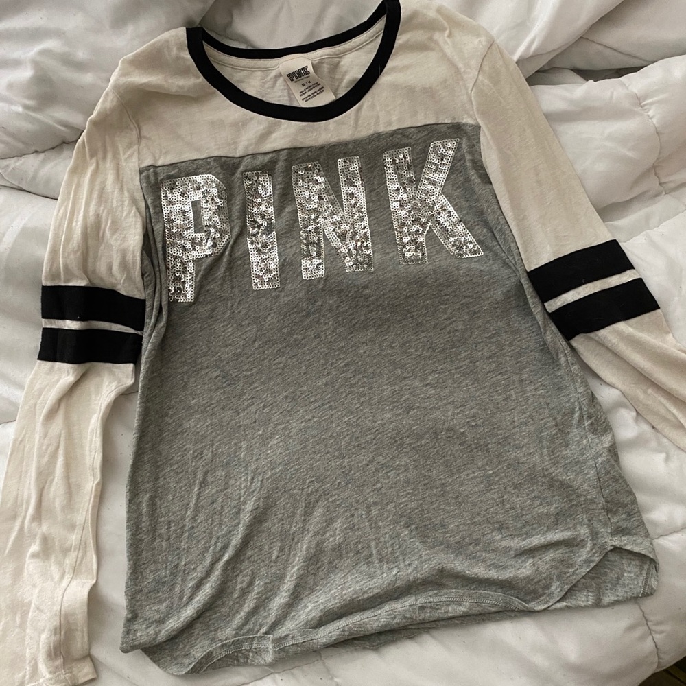 VS PINK Bling Baseball Logo Tee Silver Sequins